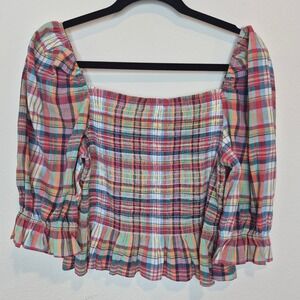 Tommy Hilfiger Smocked Plaid Crop Top Ruffle Balloon Sleeve 100% Cotton Size‎ L